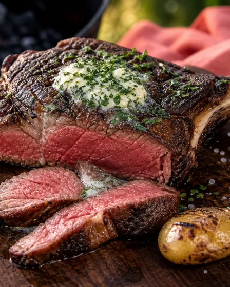 Côte de bœuf au barbecue tranchée avec beurre aux herbes et braises