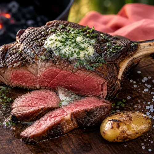 Côte de bœuf au barbecue tranchée avec beurre aux herbes et braises