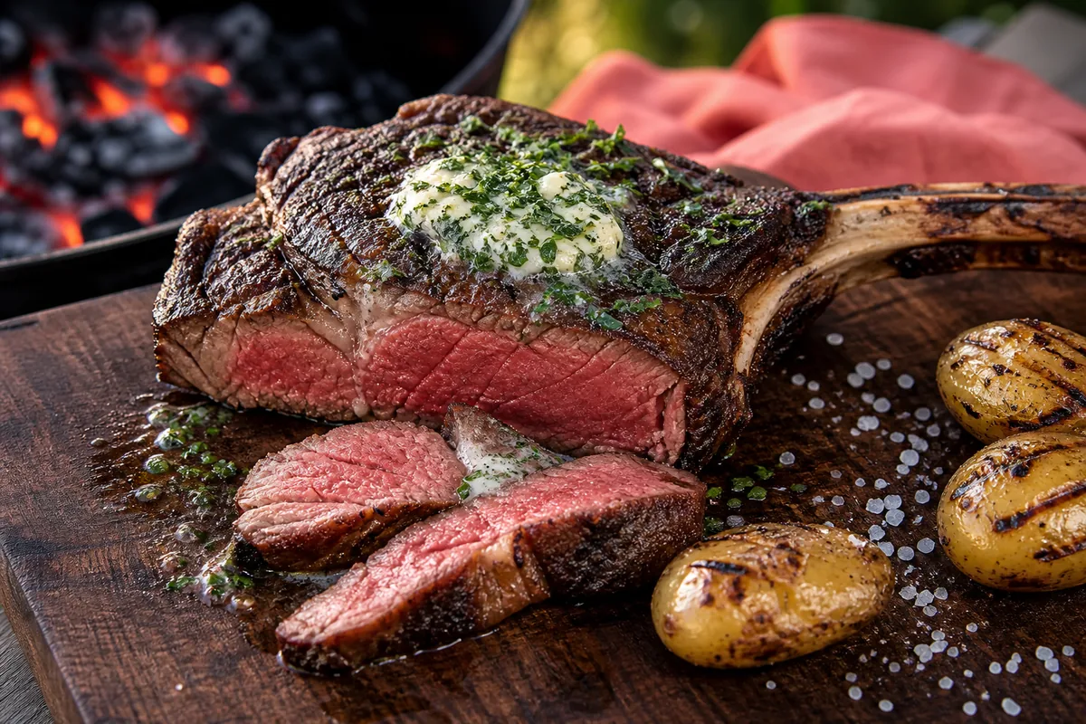 Côte de bœuf au barbecue tranchée avec beurre aux herbes et braises