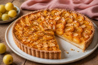 Tarte aux mirabelles sur pâte sablée croustillante avec amandes effilées