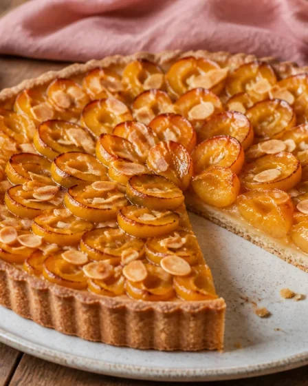 Tarte aux mirabelles sur pâte sablée croustillante avec amandes effilées