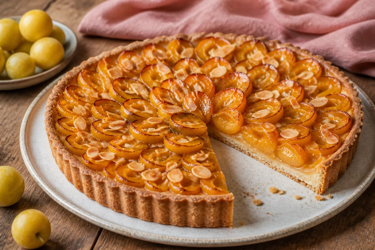 Tarte aux mirabelles sur pâte sablée croustillante avec amandes effilées